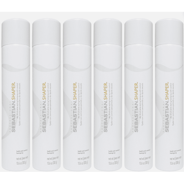 Sebastian Shaper Hairspray 300ml (Pack of 6), featuring six white cylindrical bottles with gold and black text branding. This lightweight, flash-dry, brushable hairspray offers flexible hold and a satiny finish, ideal for creating touchable, moveable hairstyles.