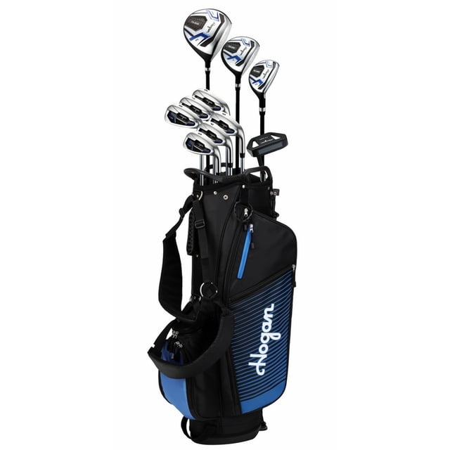 Hogan Golf TX-682 Graphite/Steel Men Left Hand Golf Clubs Set Regular Flex displayed in a black and blue lightweight stand bag with dual straps. Includes a 460cc titanium driver with high MOI and forgiveness, 3 wood, 4 hybrid, 6-SW oversized irons, and mallet putter, all featuring graphite-friendly shafts and head covers.