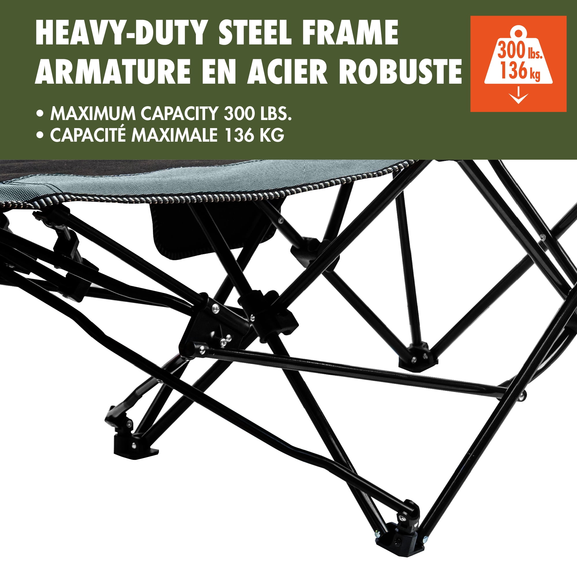 Chaise de détente pliante Ozark Trail, Capacité de charge : 136 kg (300lbs), Polyester 600D, Couleur noire