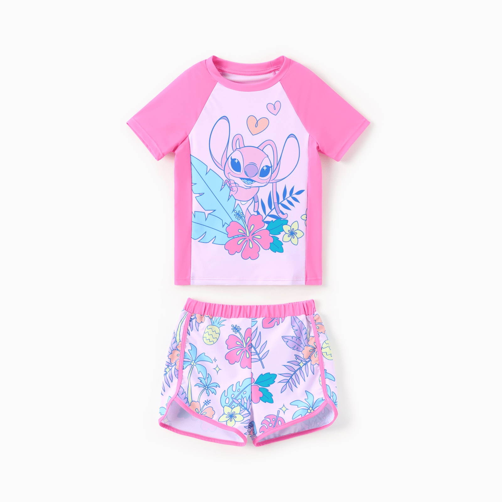 Disney Stitch Kid Girl 2pcs Character Tropical Floral Colorblock Print Short-sleeve Tops and Trunks UPF 50+ Swimsuit Set