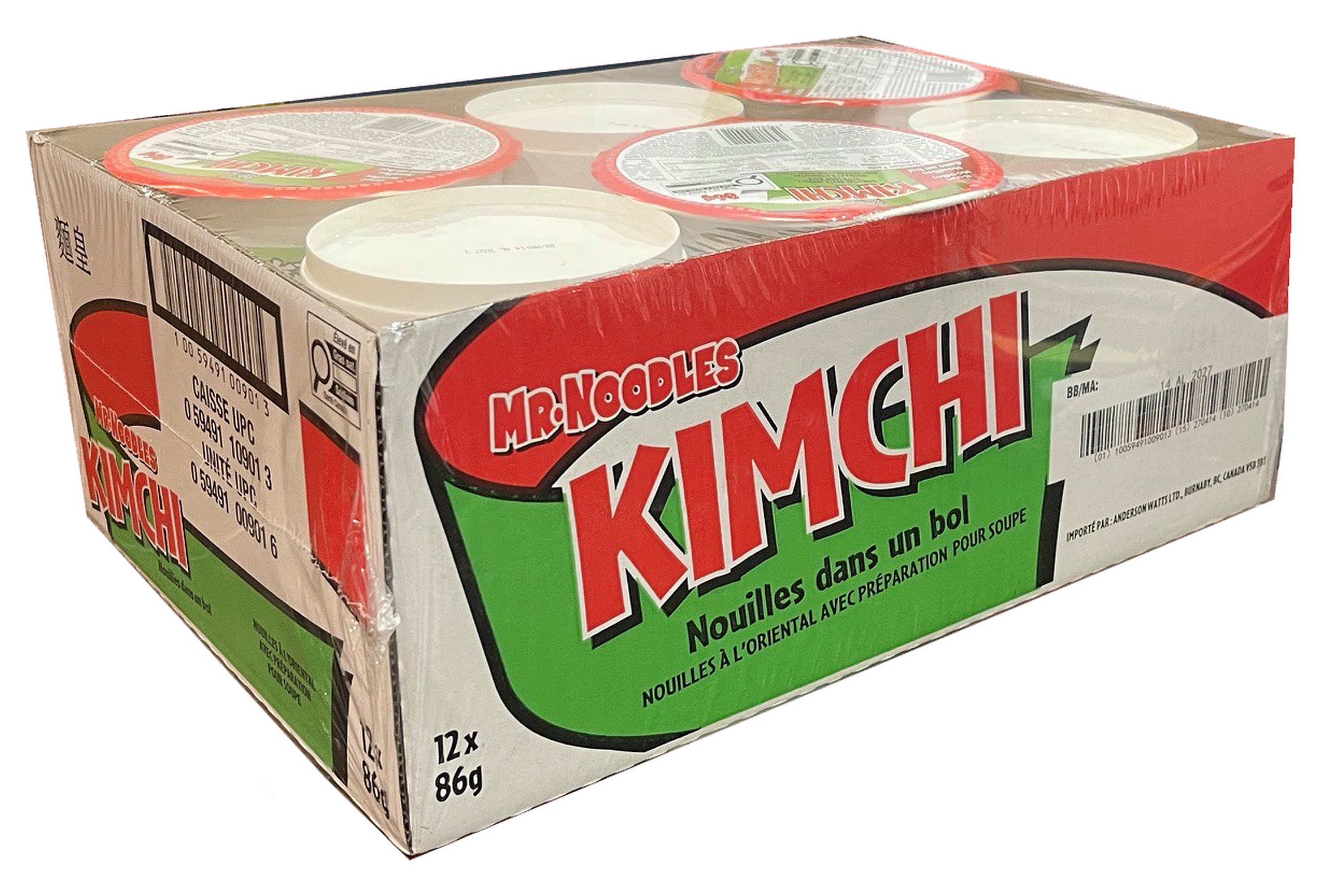 Nouilles à l’oriental à saveur de Kimchi traditionnel dans un bol de Mr. Noodles, 86 g, paquet de 12