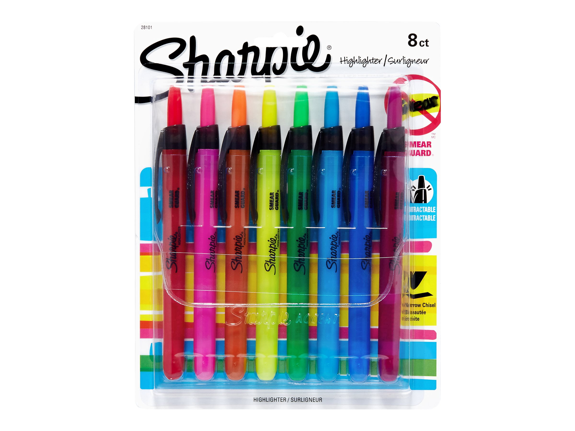 Surligneurs rétractables Sharpie, pointe biseautée, couleurs assorties, 12 unités