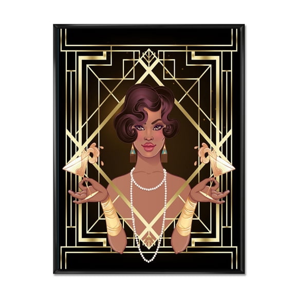Designart Retro Women In Golden Art Deco Geometrics I FLOAT FRAME WALL ART