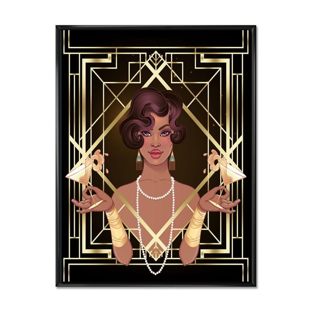 Designart Retro Women In Golden Art Deco Geometrics I FLOAT FRAME WALL ART depicting a stylized woman with dark wavy hair wearing pearl necklaces and gold bracelets, holding two champagne glasses with golden liquid, set against a black background with detailed gold geometric Art Deco patterns in a black floating frame, ideal for sophisticated wall décor.