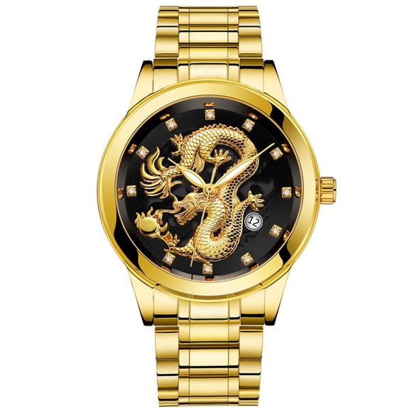 Watch for Men Mens Watch Gold Waterproof Mens Gold Dragon Sculpture Quartz Watch Luxury Men Steel Wristwatch
