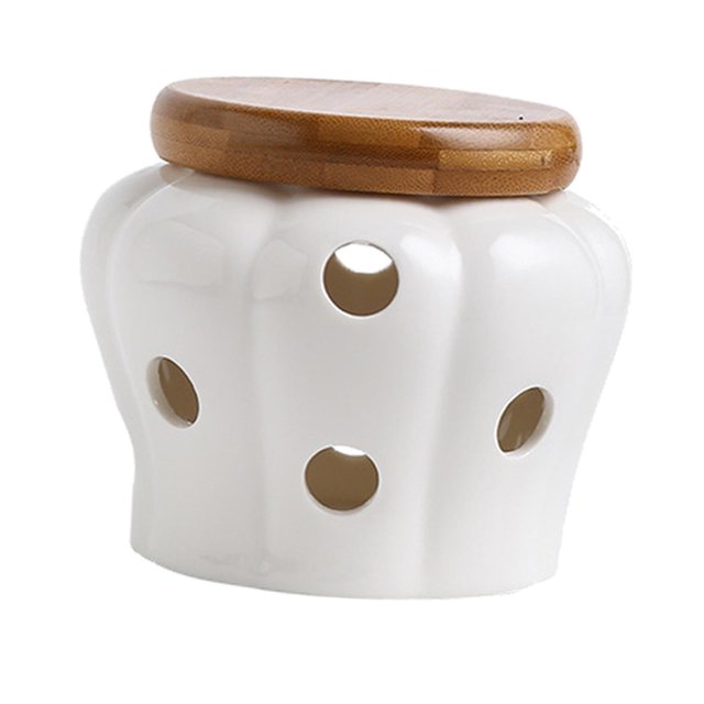 Creative Ceramic Garlic Keeper with Bamboo Lid Vented Pumpkin Shape Canister White