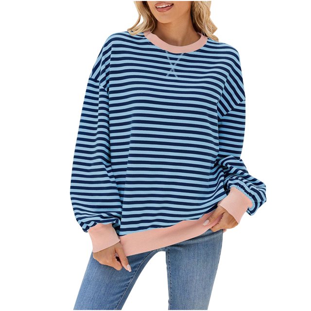 Pisexur Chandails pour Femmes 2024 Mode d'Automne à Rayures Chandails à Manches Longues pour Femmes Décontractés Amples à Col Rond Chandails Confort Chandail Surdimensionné pour Femmes Chandails à Capuchon Basiques Chandails à Enfiler