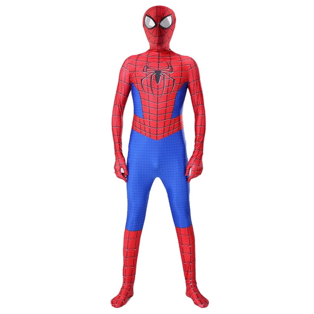 Justaucorps Halloween Spider-Man, Combinaison Unisexe, Combinaison de Superhéros cosplay par SinKeeU. une Combinaison Intégrale Rouge et Bleue avec un Motif de Toile d'Araignée et un Emblème d'Araignée Noir sur la Poitrine. le costume Présente un Matériau à Haute Élasticité pour le Confort, un Masque Séparé avec Maille visible, et une Fermeture Éclair Verticale invisible au Dos pour un Enfilage Facile. Convient pour l'Halloween, le cosplay Ou les Fêtes à Thème.