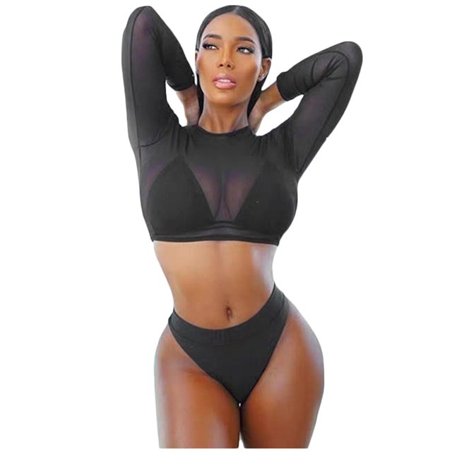 EGNMCR Bikini Set Women With Chest Pad Without Underwire Long Sleeve Mesh Three Piece Set Swimsuit