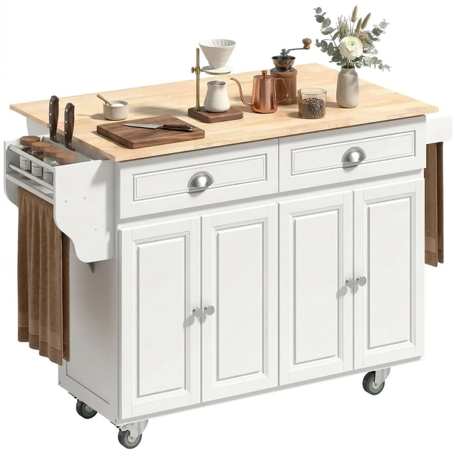 HOMCOM Îlot de Cuisine avec Rangement, Îlot de Cuisine avec Abattant, Blanc