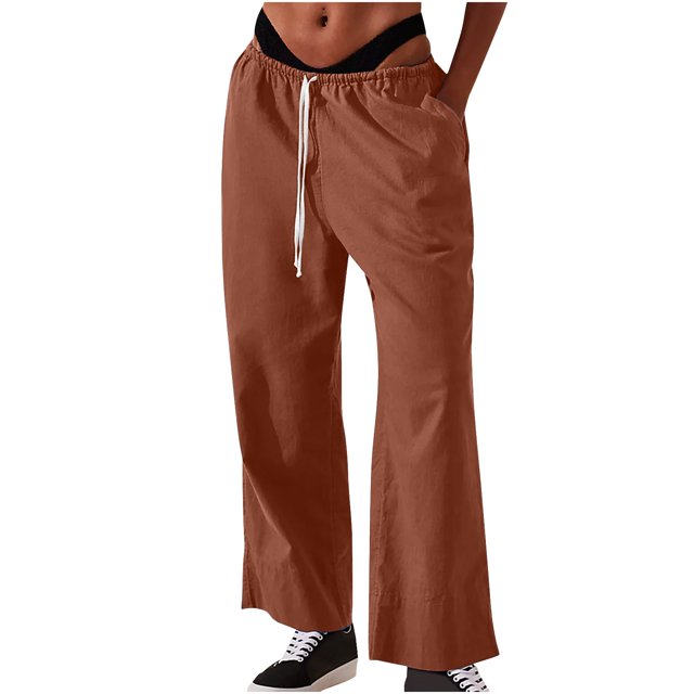 Timegard Womens Cotton Linen Pants Elastic Waist Wide Leg Solid Color Trend Lounge Pants with Pockets