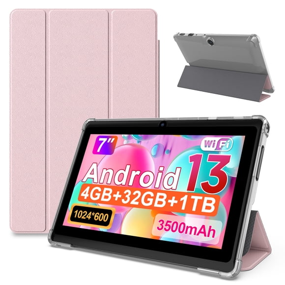 FITIFUN Tablette Android 7 Pouces avec Étui, 4(2+2) Go RAM 32 Go ROM, Quadricœur, Écran HD, Wi-Fi, Double Caméra, Rose