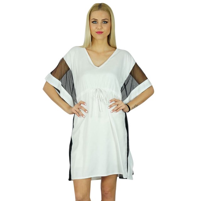 Bimba Caftan Court Chic pour Femmes Manches Kimono Exclusif Robe Caftan en Rayonne Blanche