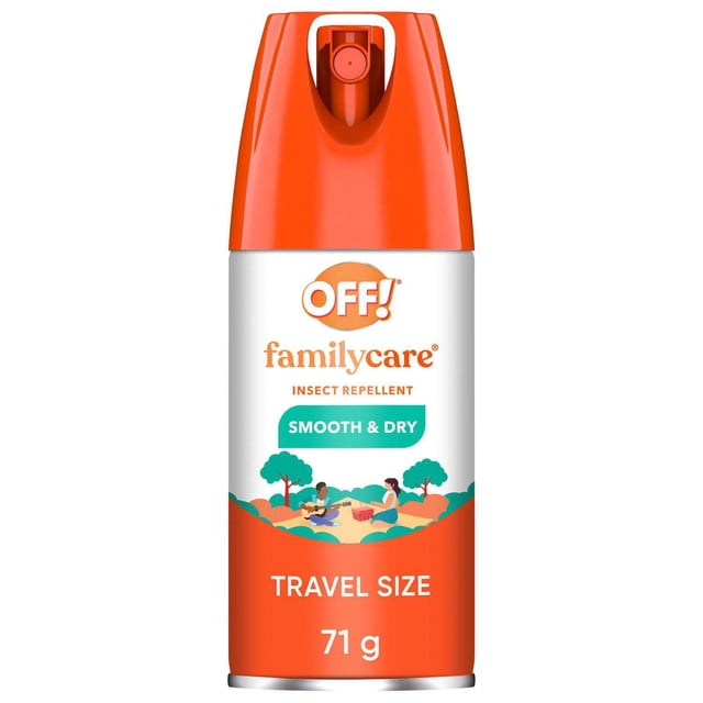 OFF! FamilyCare Insect Repellent travel size spray can, 71 g, with smooth and dry formula providing up to 5 hours of protection against mosquitoes and insects, featuring an orange cap and label with an outdoor picnic illustration.