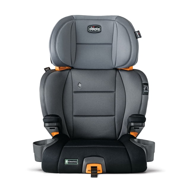 Chicco KidFit ClearTex Plus 2-in-1 Belt-Positioning Booster Car Seat in grey and black with ergonomic padded backrest and adjustable headrest, DuoGuard side impact protection, ClearTex chemical-free fabric, two fold-away cup holders, and quick-release LATCH for easy vehicle transfer.