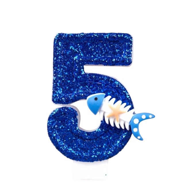 Goleeg Ocean-Themed Number Candles, Number 5 Blue Sparkle Birthday Candles with Fishbone and Starfish Designs, Nautical-Style Ocean-Themed Cake Decorations for Summer Beach and Pool Parties
