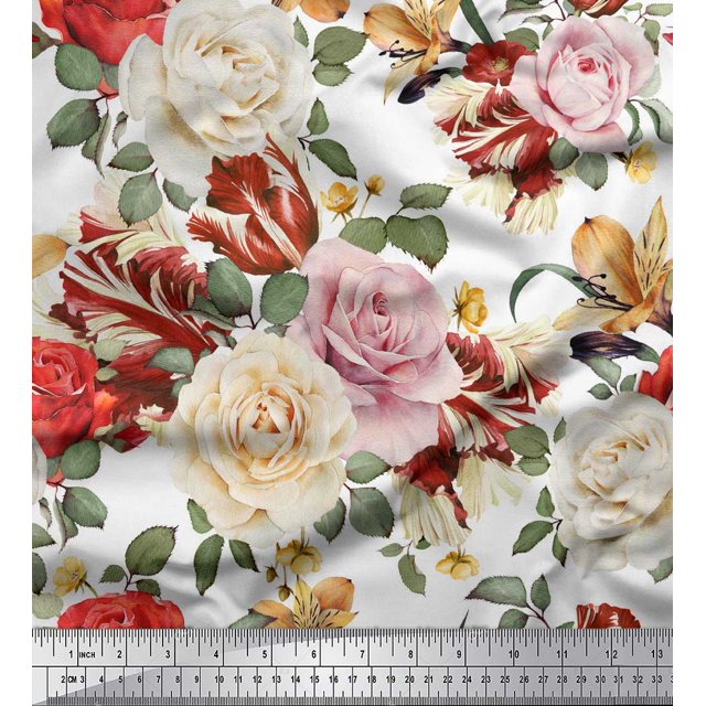 Soimoi Tissu Voile de Coton Blanc Feuilles & Roses Imprimé Floral 1 Yard 56 Pouces de Large