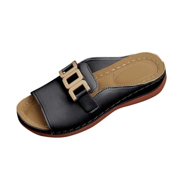 LOVZFMLL Sandales à Enfiler pour Femmes avec Soutien de la Voûte Plantaire Été Décontractées à Boucle Métallique Pantoufles de Plage Bout Ouvert Confort pour la Marche Sandales à Enfiler d'Extérieur Noir 5.5