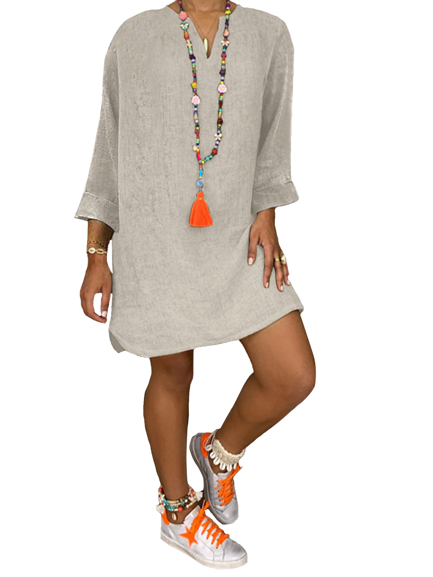 LUXUR Robe Courte pour Femmes à Col en V, Manches Longues, Aguichant, Couleur Unie, Gris, TTG