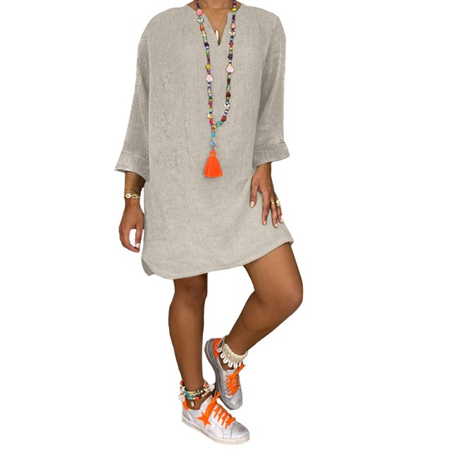 LUXUR Robe Courte pour Femmes à Col en V, Manches Longues, Aguichant, Couleur Unie, Gris, TTG