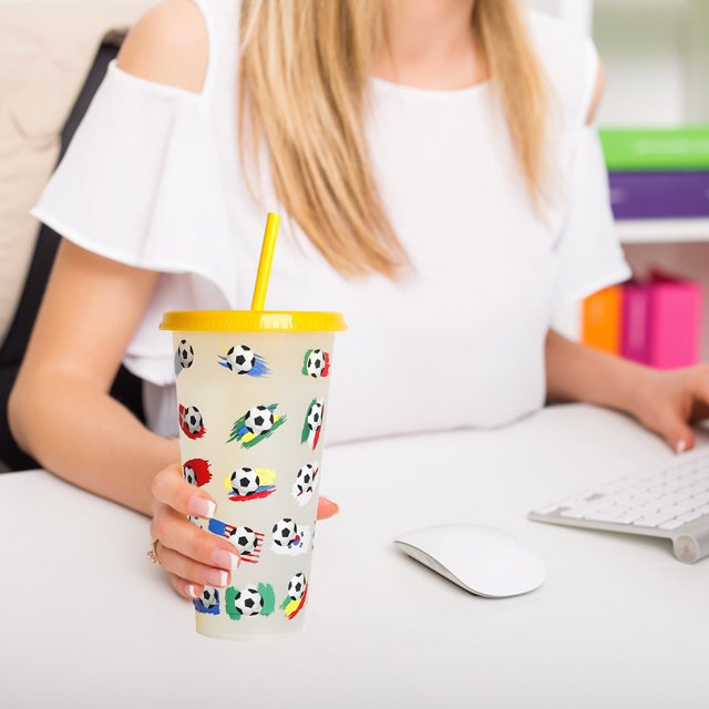 Oleegame 1PC Glass Bottle Creative Water Cup Football Cup PP Plastic Straw Cup Football Plastic Transparent Straw Cup 710ml Cold Change Temperature Sensitive Plastic Cup