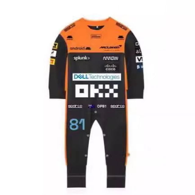 2023 New Season F1 Mclar's Teens Jumpsuit Formula One Team Racing Car Gulf by SAMARY. A baby romper designed for newborns up to 1 year old, featuring a vibrant orange and black Formula One racing team design with sponsor logos. Made from cotton with moisture-wicking properties and a waterproof coefficient of 5000mm. Includes snap closures for easy dressing. Suitable for both boys and girls.