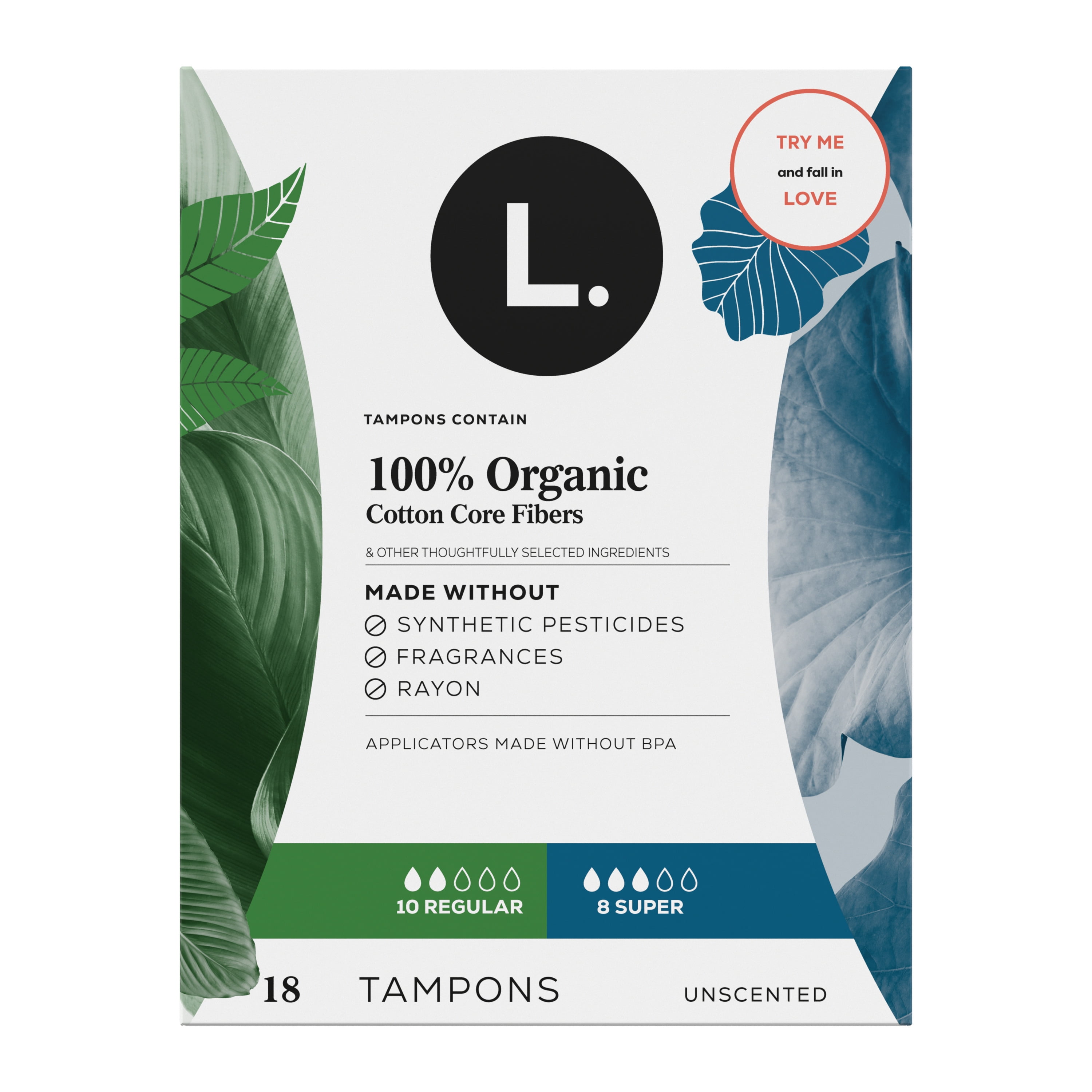 Tampons L., fabriqués à partir de coton biologique, degré d’absorption régulier/super, emballage multiple, sans pesticides synthétiques, rayonne ni parfums, 18 U