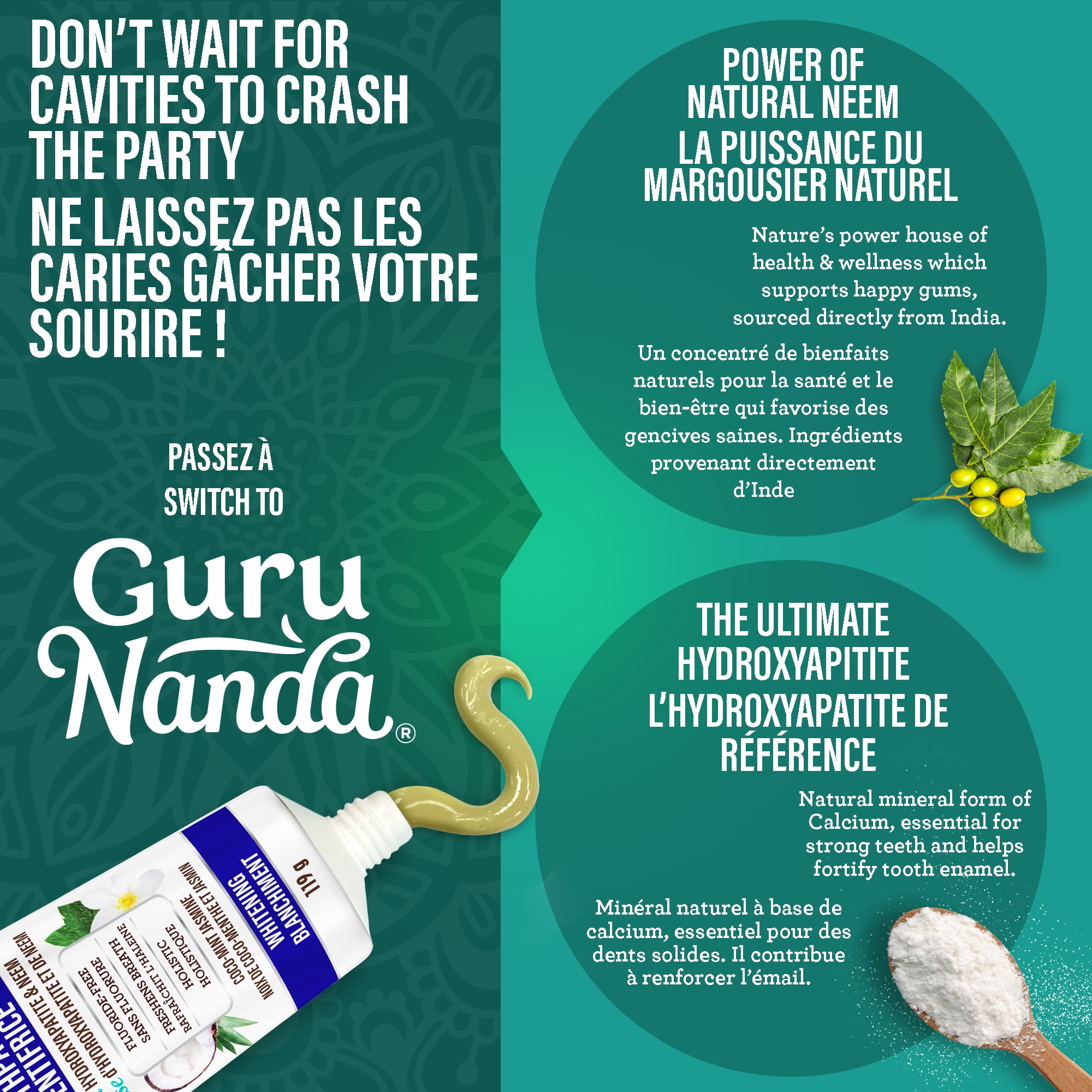 GuruNanda Dentifrice Blanchissant avec Neem & Hydroxyapatite, Noix de Coco-Menthe et Jasmin, Sans Fluorure, 119g