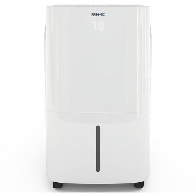 Déshumidificateur Portatif Freonic Remis à Neuf de 22 Pintes en Blanc, Modèle FHCD251AWG. Présente un design Épuré et compact avec un Indicateur de Niveau d'Eau Orienté vers l'Avant et un Affichage Numérique. Peut Éliminer jusqu'à 22 Pintes d'Humidité par Jour, Comprend un Seau de 8,5 Pintes avec une Alarme à Seau Complet et une Poignée Facile à Transporter. Offre une option de Drainage Continu compatible avec un Tuyau d'Arrosage standard (Tuyau Non Inclus). Idéal pour une Utilisation dans les Greniers, les Chambres