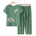 thumbnail image 2 of Mikilon Ensemble Élégant pour Femmes 2 Pcs Coton Lin Costume Deux Pièces Manches Courtes Col Rond Haut Imprimé Pantalon Vert-B TG, 2 of 9