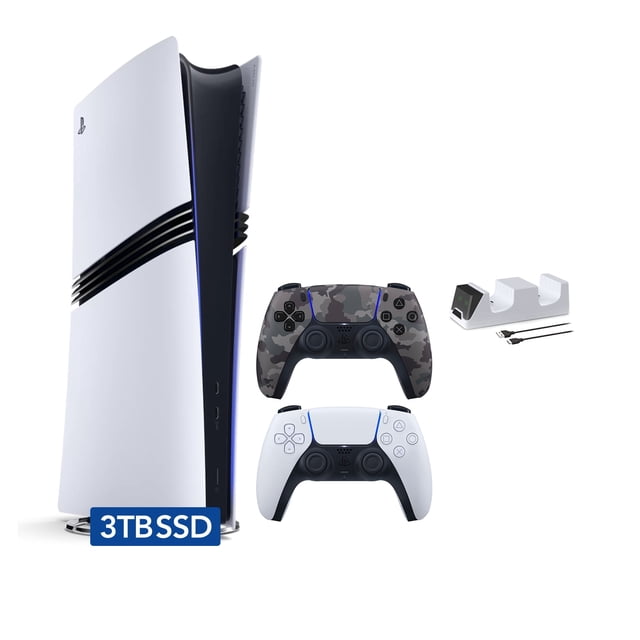 PlayStation 5 Pro 3TB SSD Digital Console with Two Controllers, White and Gray Camouflage DualSense and Mytrix Dual Controller Charger - Flagship PS5 Pro Console