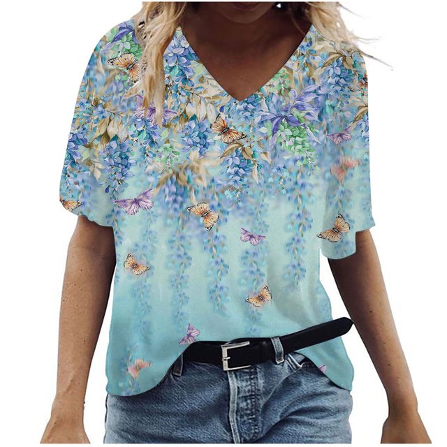 Birdeem T-Shirt à Col en V pour Femmes, Mode Décontractée, Grande Taille, Imprimé de Fleurs Pittoresques