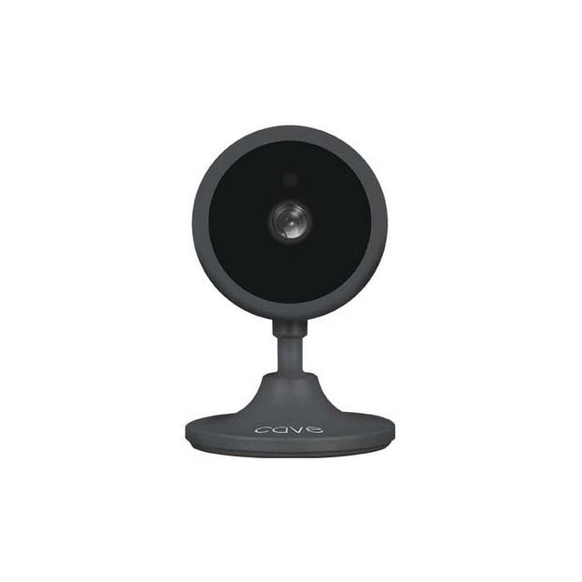 Veho Cave 1080p Full HD IP Camera with motion detection and night vision in grey, front-facing with a circular black lens inside a grey frame on a grey stand marked 'cave', ideal for indoor smart home security and wireless monitoring.