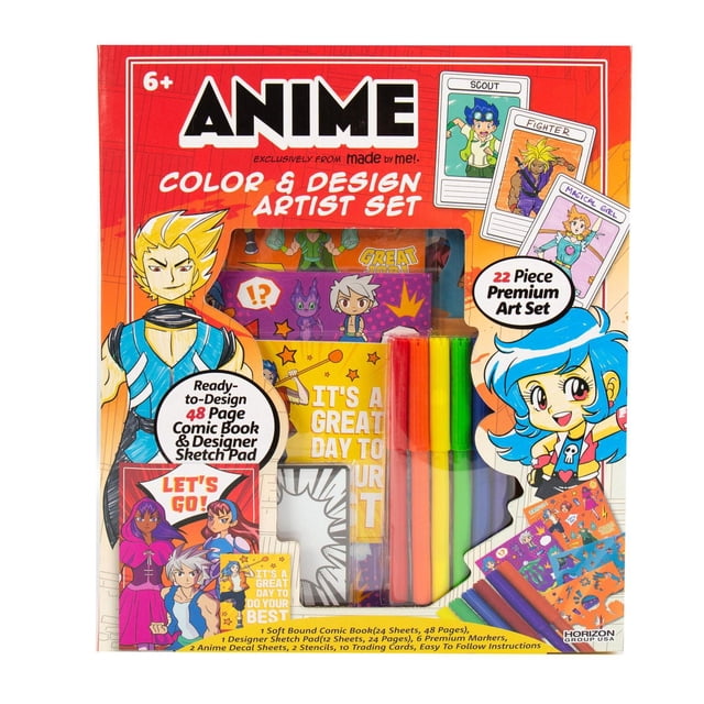 Made By Me Anime Color & Design Artist Set includes 22 pieces: 6 vibrant markers, a 48-page soft-cover comic book, a designer sketch pad, 2 stencils, 2 sticker sheets, and 10 double-sided trading cards in red packaging with anime character illustrations, designed for ages 6 and up.