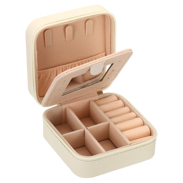 Unique Bargains Travel Jewelry Case, Small Jewelry Organizer Portable Mini Jewelry Box with Mirror Square Style 1, Beige