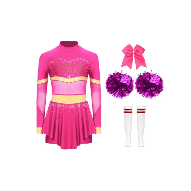 Aislor Tenues de Cheerleading pour Filles Enfants Costume de Cosplay Chef de Cheer Halloween Robe de Fête Rave Danse Justaucorps Rose Vif A 16