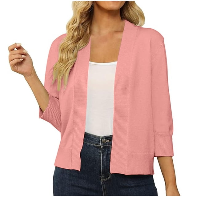 Penkiiy Cardigan Court à Manches 3/4 pour Femme, Ouvert à l'Avant, Boléros Courts, Cardigans, Chandails Légers, L Rose