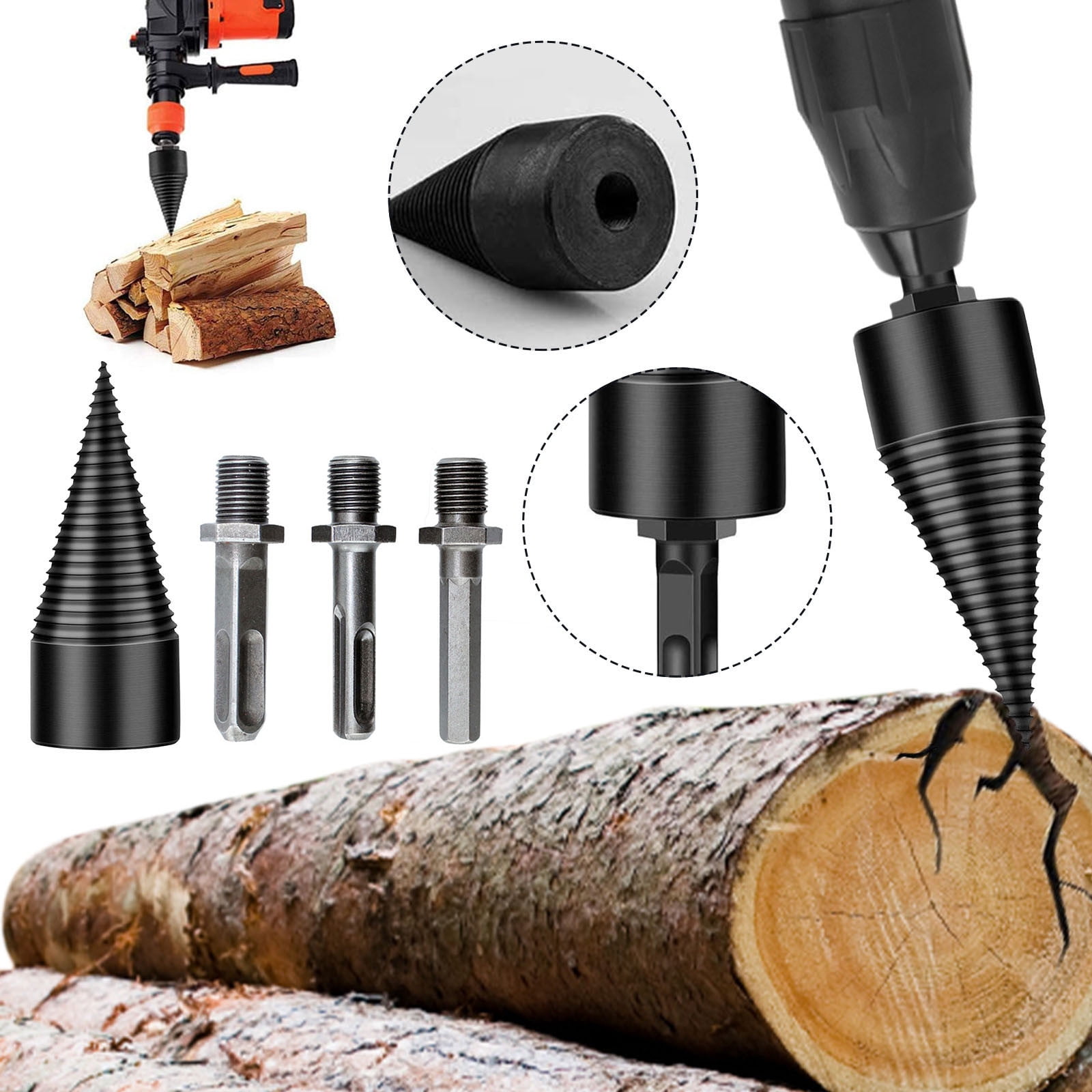 pstuiky 4Pcs Removable Log Splitter Drill Bits High Speed Steel Screw Cone Driver 38Mm Wood Splitting Drill Bit for Firewood, Logs, Wood Stove Compatible with Power Drills, Impact Drivers