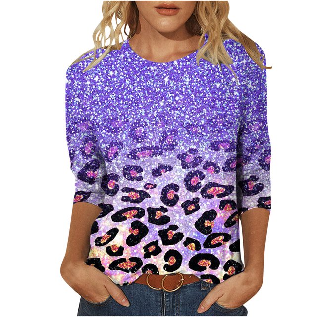 Pompotops T-shirt Ample à Imprimé Léopard pour Femme, Manches 3/4, Col Rond, Haut Décontracté, Liquidation