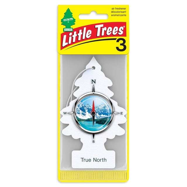 Assainisseur d'Air LITTLE TREES True North, Lot de 3, Vue Orientée vers l'Avant de Trois Étiquettes Suspendues en Forme d'Arbre au Dos de Carte; Oeuvre True North Bleu et Blanc avec motif d'Aiguilles de Pin, Pin Givré Étiqueté et Parfum Arctique Net; Assainisseur d'Air pour Voiture, Convient pour Suspendre à un Rétroviseur Ou Rafraîchir de Petits Garde-Robes.