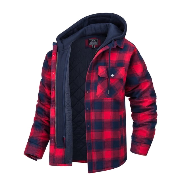 MAWCLOS Men's Flannel Hooded Coat Winter Plaid Jackets in black and red, size S. This hip-length jacket features a hooded neckline, long sleeves, and a quilted lining for added warmth. Made from 65% polyester and 35% cotton, it has a button-up front, a chest pocket with a flap, and a classic plaid pattern. The interior is lined with navy quilted fabric, and the hood includes a drawstring for adjustability. Suitable for casual wear, traveling, or outdoor activities during autumn and winter.