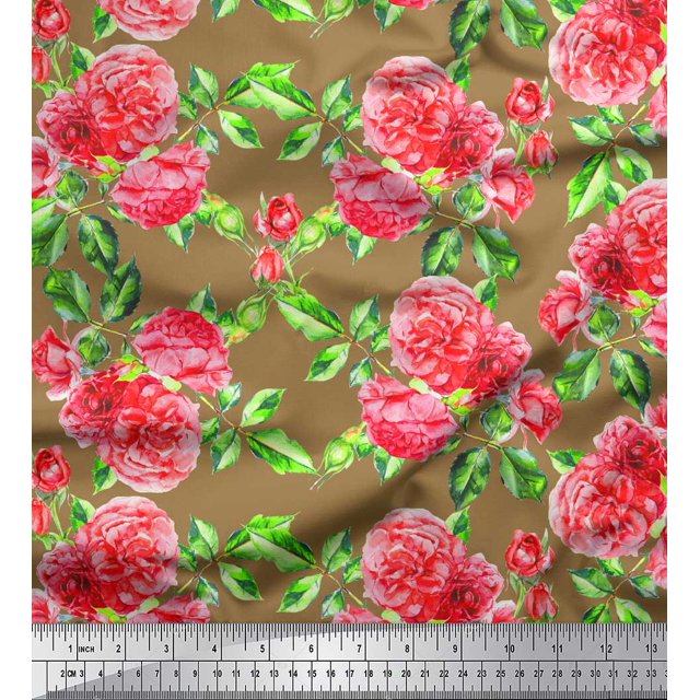 Soimoi Tissu en Poly Georgette Imprimé Floral Feuilles & Pivoines au Mètre 52 Pouces de Large