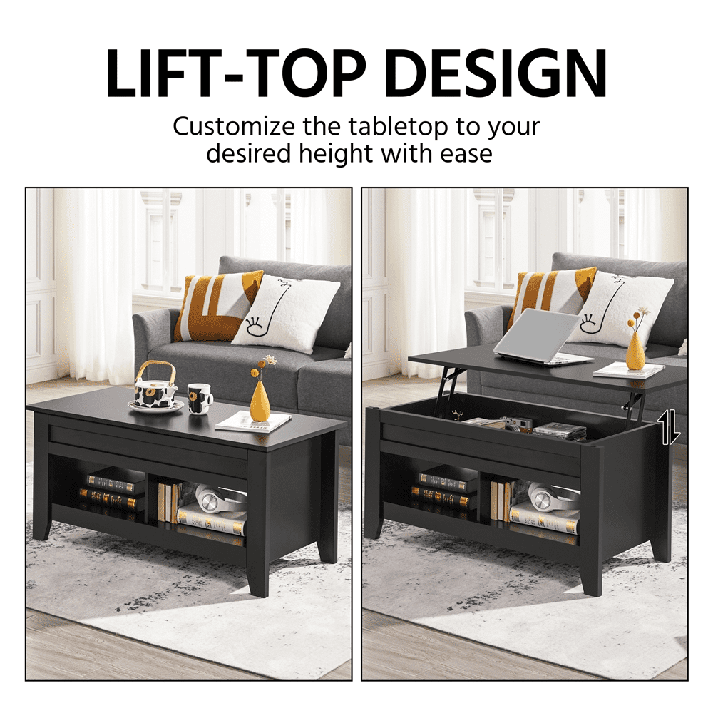 FullFurnique 41" Lift Top Coffee Table with Hidden Compartment & 2 Open Shelves