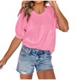 thumbnail image 1 of JUNWELL Hauts d'Été pour Femmes Manches Courtes Bouffantes Couleur Unie T-Shirt Col Rond Décontracté Ample Classique Tunique Blouses, 1 of 6