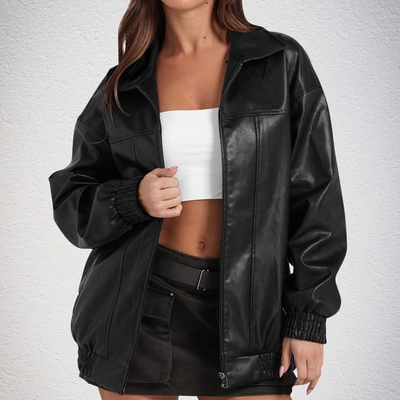 EGNMCR Long Sleeve Hoodless Faux Leather Outwear & Jackets Women's Solid Flip Collar Fall And Winter Long Sleeve Fashion Leather Jacket Coat Women Polyester Tops