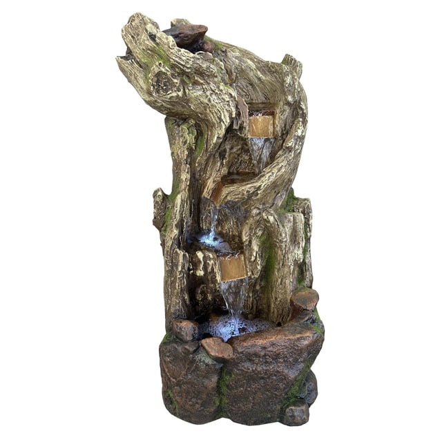 Angelo Décor 29.5-inch Cripple Creek Falls Fountain featuring cascading water flowing through a rustic tree-trunk style structure with moss accents.