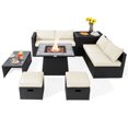 thumbnail image 1 of Patiojoy 9 Pieces Outdoor PE Rattan Wicker Sectional Sofa with 35-Inch Gas Fire Pit Table Space-Saving Patio Conversation Set with Storage Box Off White, 1 of 10