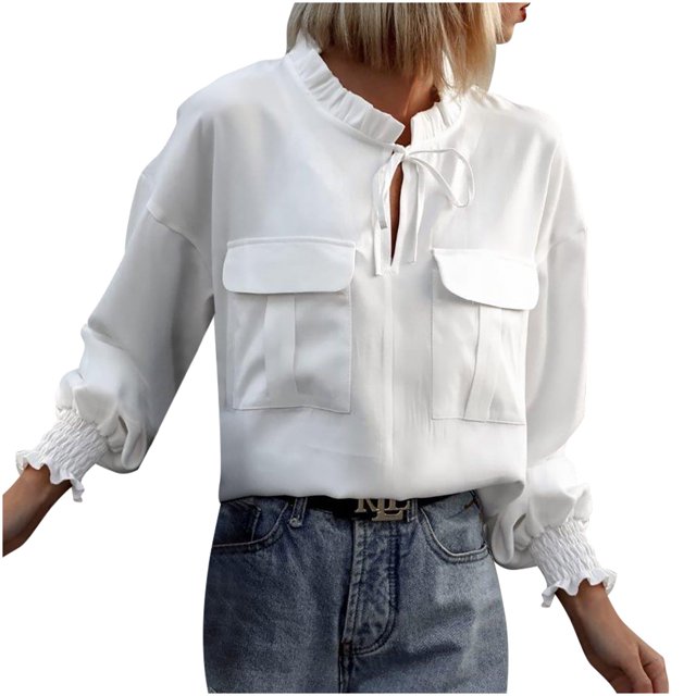 IROINNID Rabais T-Shirt à Manches Longues en Polyester pour Femmes, Décontracté, à Lacets, avec Poche, Col Rond, Haut/chemise, Blanc