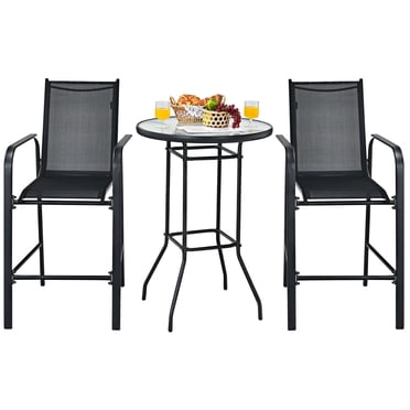 Giantex 3 Pieces Outdoor Patio Bar Set, Outdoor Bistro Set with 2 Bar Stools and 1 Tempered Glass Bar Table, Bar Height Patio Table and Stools Set for Backyard, Garden, Lawn (Black)