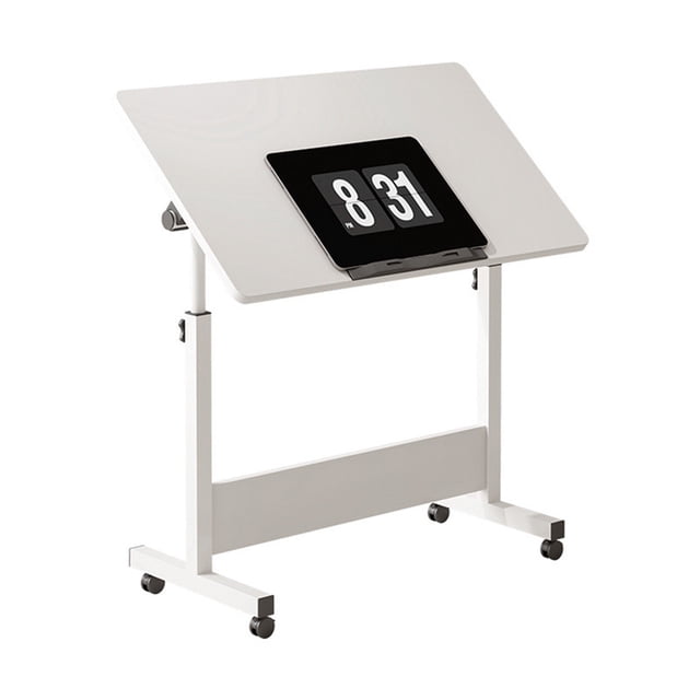 Small standing desk adjustable height, model 804, featuring a modern and minimalist design with an MDF board and steel pipe construction. The desk has a foldable 80 x 40 cm desktop that can be adjusted in height from 65 cm to 87 cm, suitable for sitting or standing. It includes lockable 360° swivel wheels for mobility and a tiltable desktop for versatile use in home or office settings.